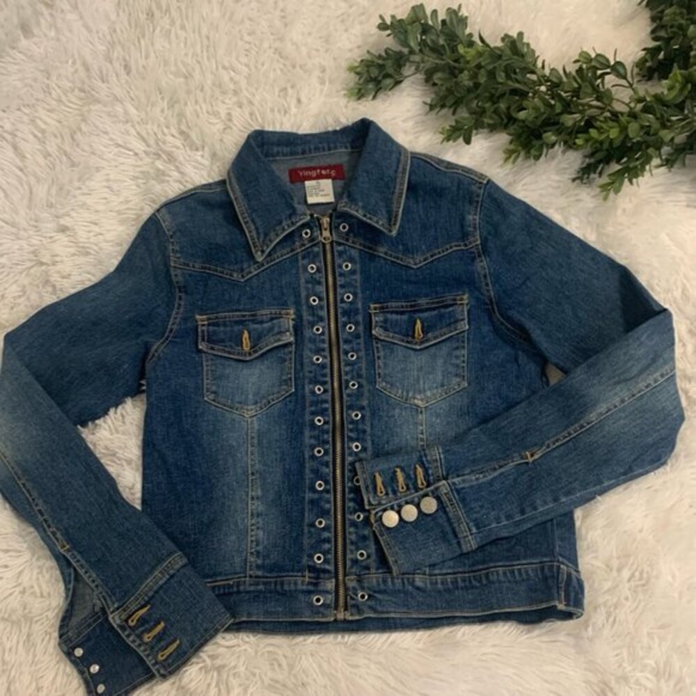 Denim Jean Jacket Eyelet Detail Ladies Sz XL Buttons Moto